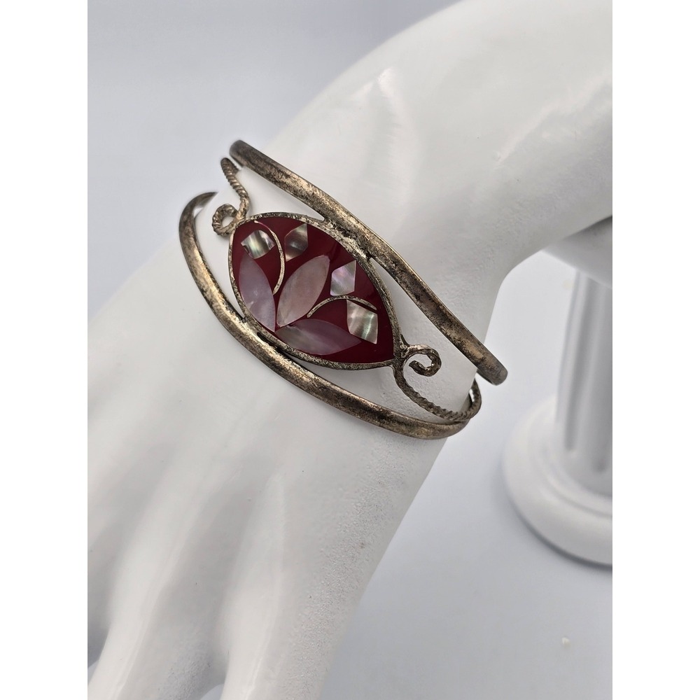 Vintage‎ Mexico Sterling Silver Red Inlay Mother of Pearl Shell Cuff Bracelet